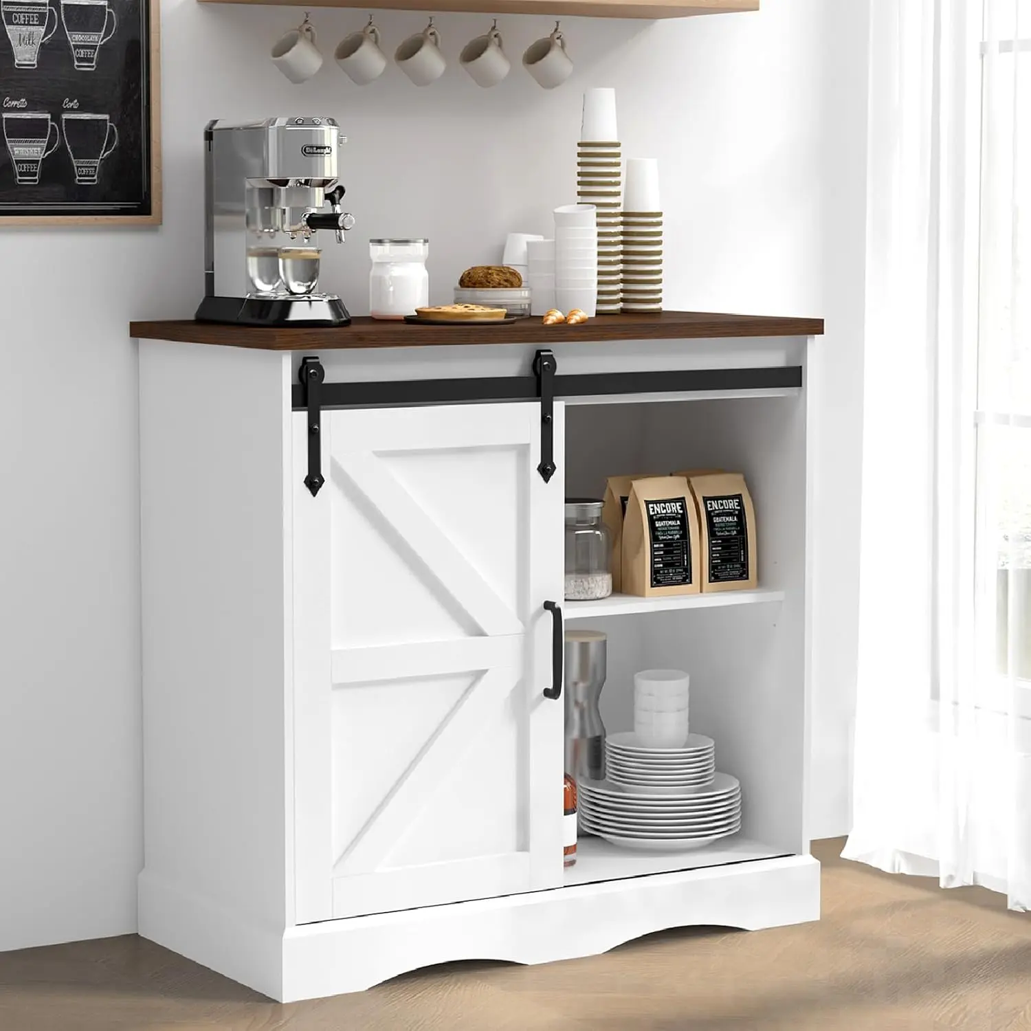 31.5IN Farmhouse Coffee Bar Cabinet, Kitchen White Sideboard Buffet Cabinet with Sliding Barn Door, Rustic Accent Console with Adjustable Shelves, for Kitchen Living Room