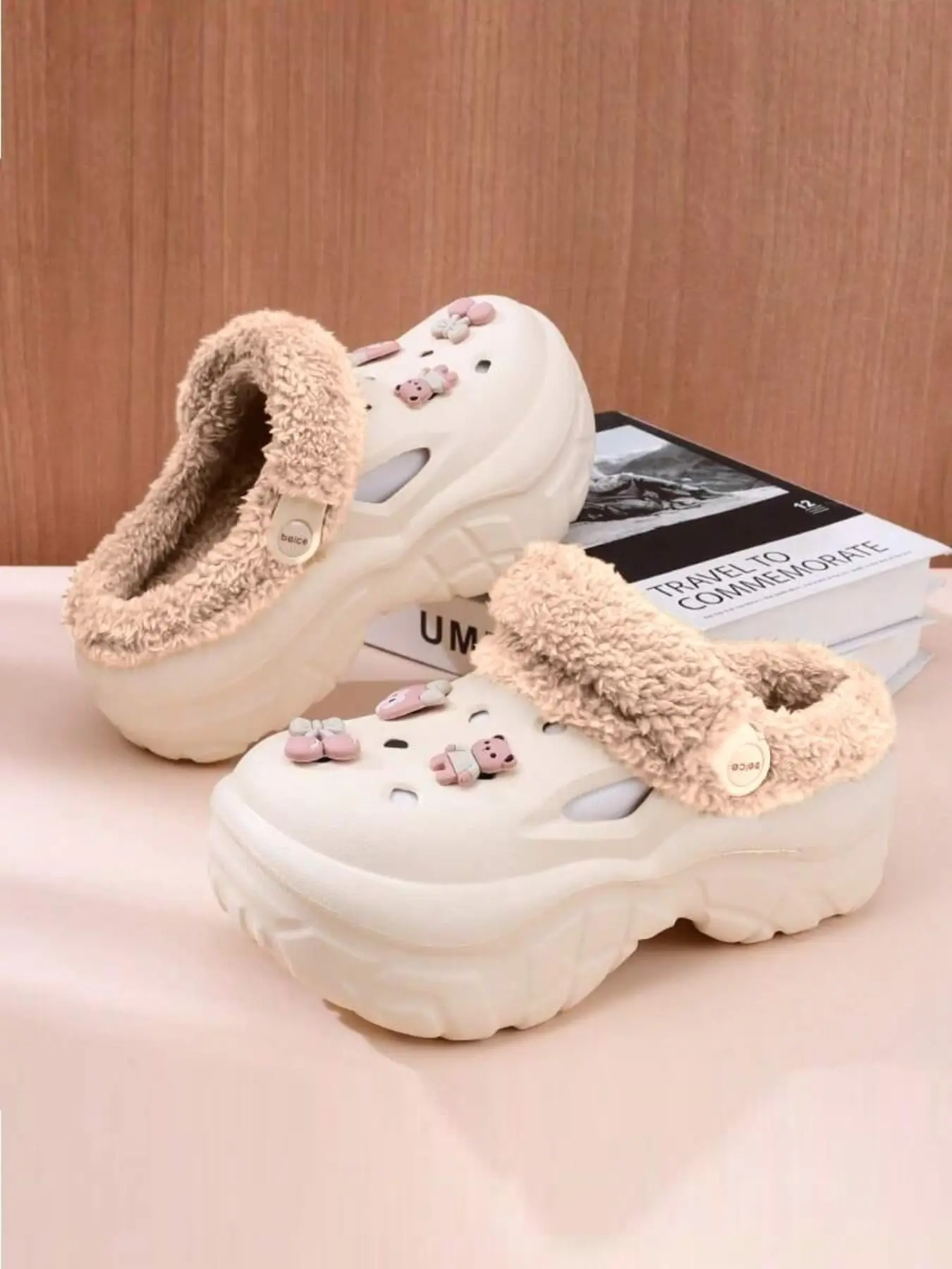 Women's Winter Warm Eva Clog Shoes, Cute Non-Slip Cotton Slippers, Fluffy Home Slippers, DIY Decorable Mules, Ankle-High, Fall & Winter Fashion, Ladies Slippers, 7cm Heel Increase