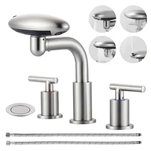 WOWOW 4-Mode Widespread 8 inch Bathroom Faucet in Brushed Nickel : 4-16 Inch Flexible Installation, 3-Hole Sink Faucet, 360°Swivel, Brushing/Waterfall/Rainfall/Bubble Modes, Premium Stainless Steel