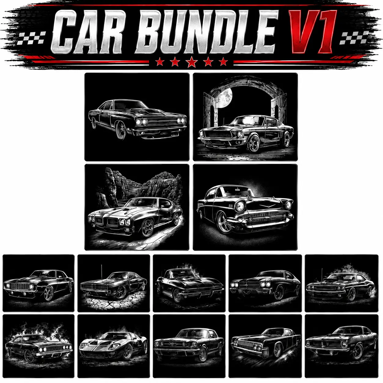 Car Bundle V1 | 14 Ready-to-Press DTF or Sublimation Transfers for T-Shirts | Classic Car Heat Press Designs