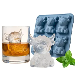 Mini Highland Cow Ice Cube Mold, Highland Cow Ice Cube Tray,3D Cute Cattle Silicone Ice Tray for Whiskey Cocktails Coffee, Funny Reusable Farm Animal Dessert Mold Gifts for Friends Parties - 6-Cubes