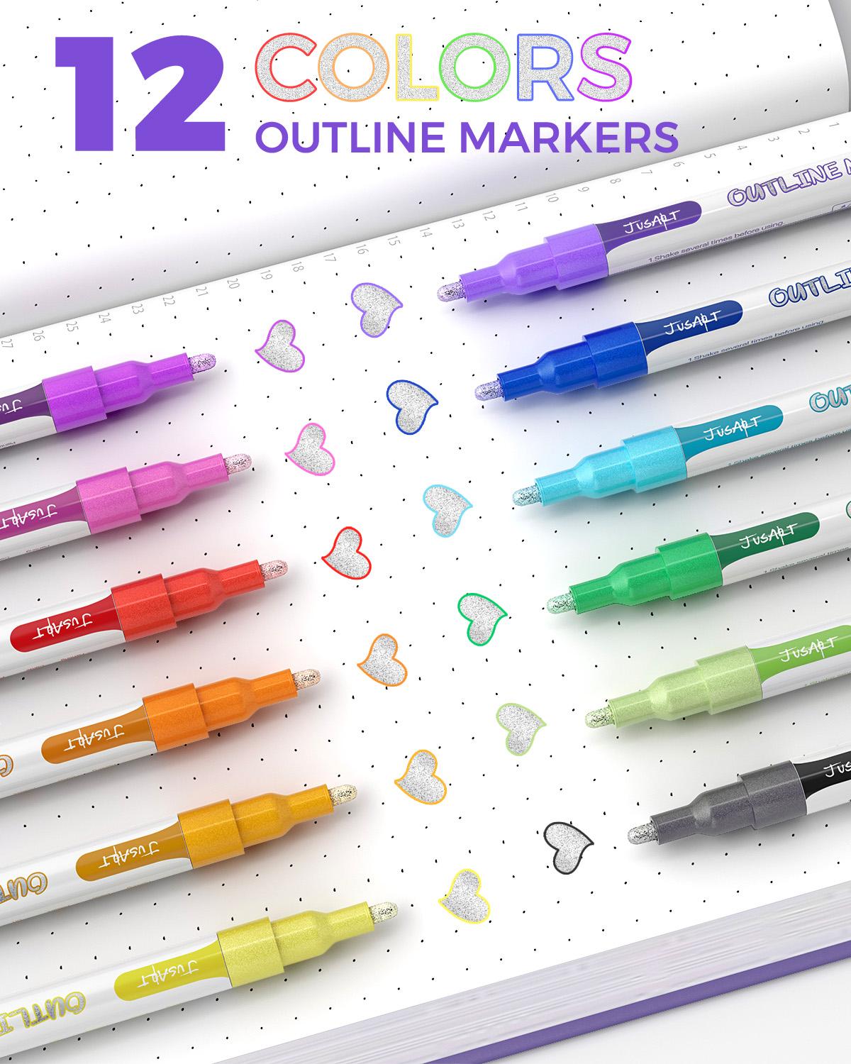 JusArt Outline Sparkle Markers, 12/18 Metallic Shimmer Pens for Adult Coloring, Cool Fun Drawing Supplies for Valentines Day, Easter, Christmas, Halloween