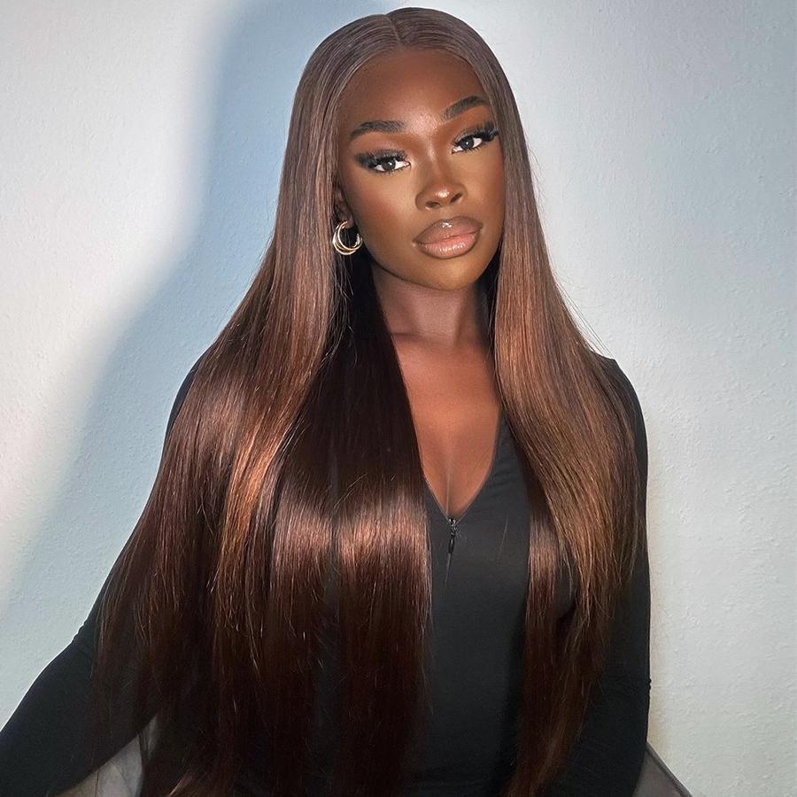 Pizazz Hair #4 Chocolate Brown Straight Glueless Wigs 13x6 HD Transparent Lace Frontal Wigs Human Hair Pre Plucked Natural HairLine With Drawstring