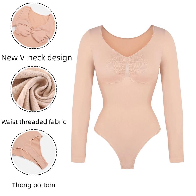 Women’s Seamless Shaping Bodysuit – Long Sleeve V-Neck Tummy Control Thong Shapewear, Sculpting Body Suit, Arm Shaper, Lightweight Compression Top, Fashion Nova Style, Body Leggings Look, Spring Wear