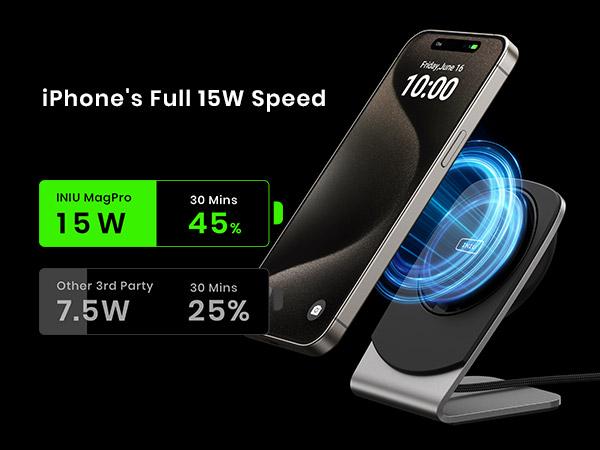 INIU Wireless Charger, 15W Fast Charging Magnetic Wireless Charger Stand Travel Essential Wireless Charging Station with Sleep-Friendly Adaptive Light, for iPhone 17/16/15/14/13/12 Series Airpods Multifunctional Portable Adapter Smartphone Multifunctional