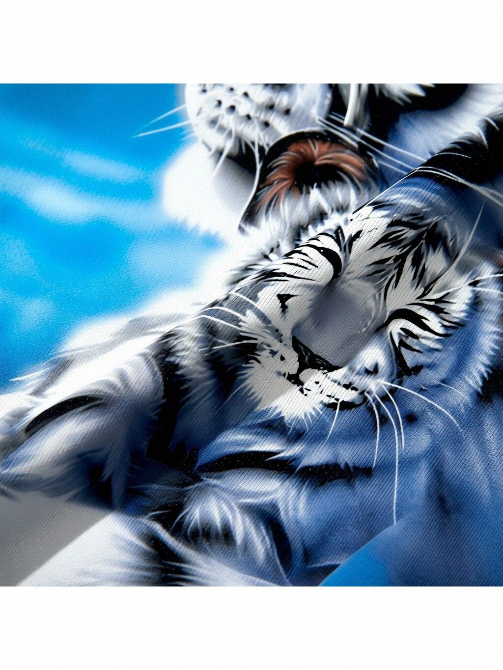 Men's 2-Piece White Tiger All-Over Print Sports Set - Blue Gradient Animal Pattern Sweatshirt, Soft Hoodie with Pockets, Sweatpants, Stylish Casual Streetwear, Suitable for Everyday Use