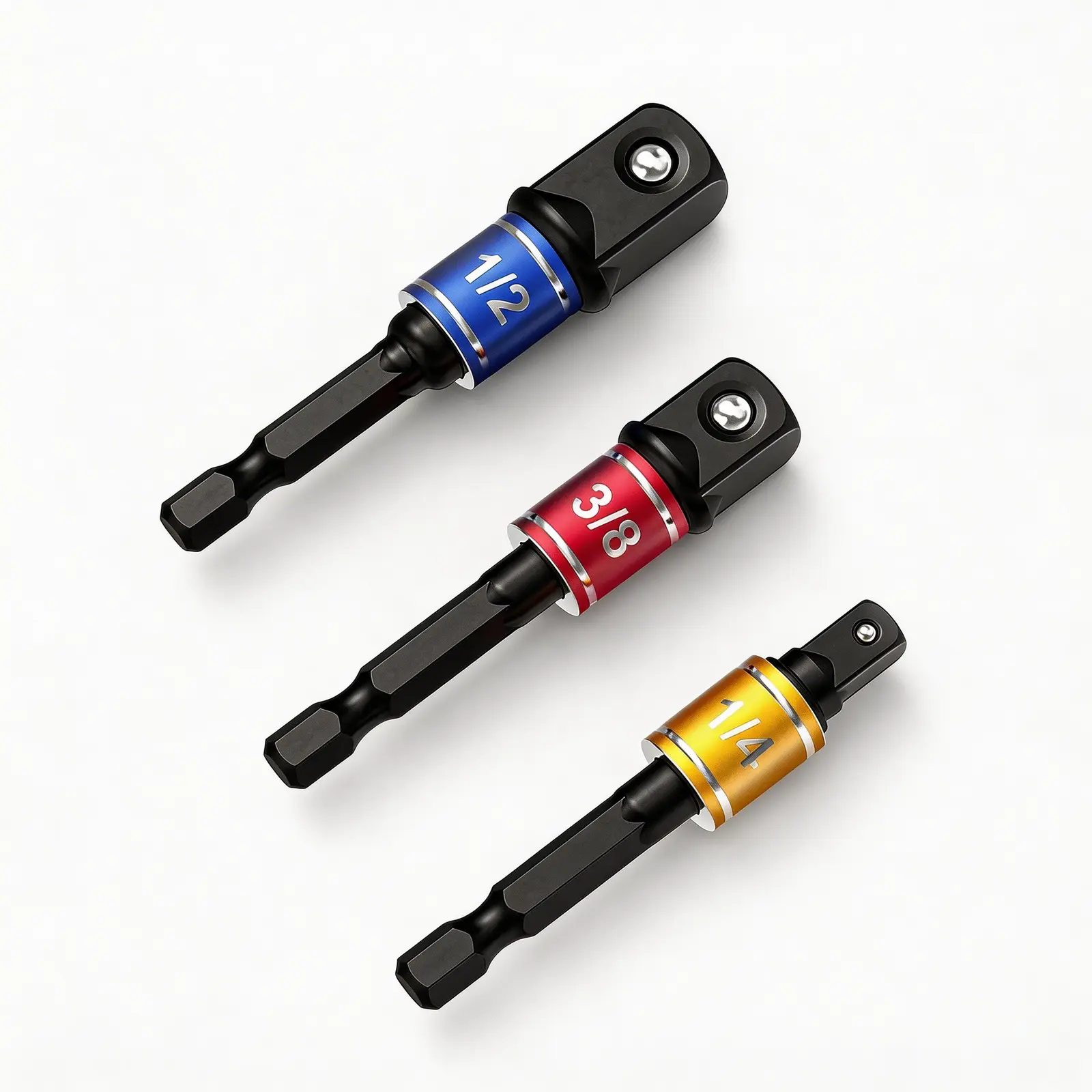 Impact-Grade Socket Adapter Set - 1/4", 3/8", and 1/2" Hex Shank Drill Bit Extension Rods for Impact Drivers, Drills, and Wrenches - Heavy-Duty Steel Construction with Color-Coded Rings for Quick Identification - Ideal Gift for DIYers and Pros