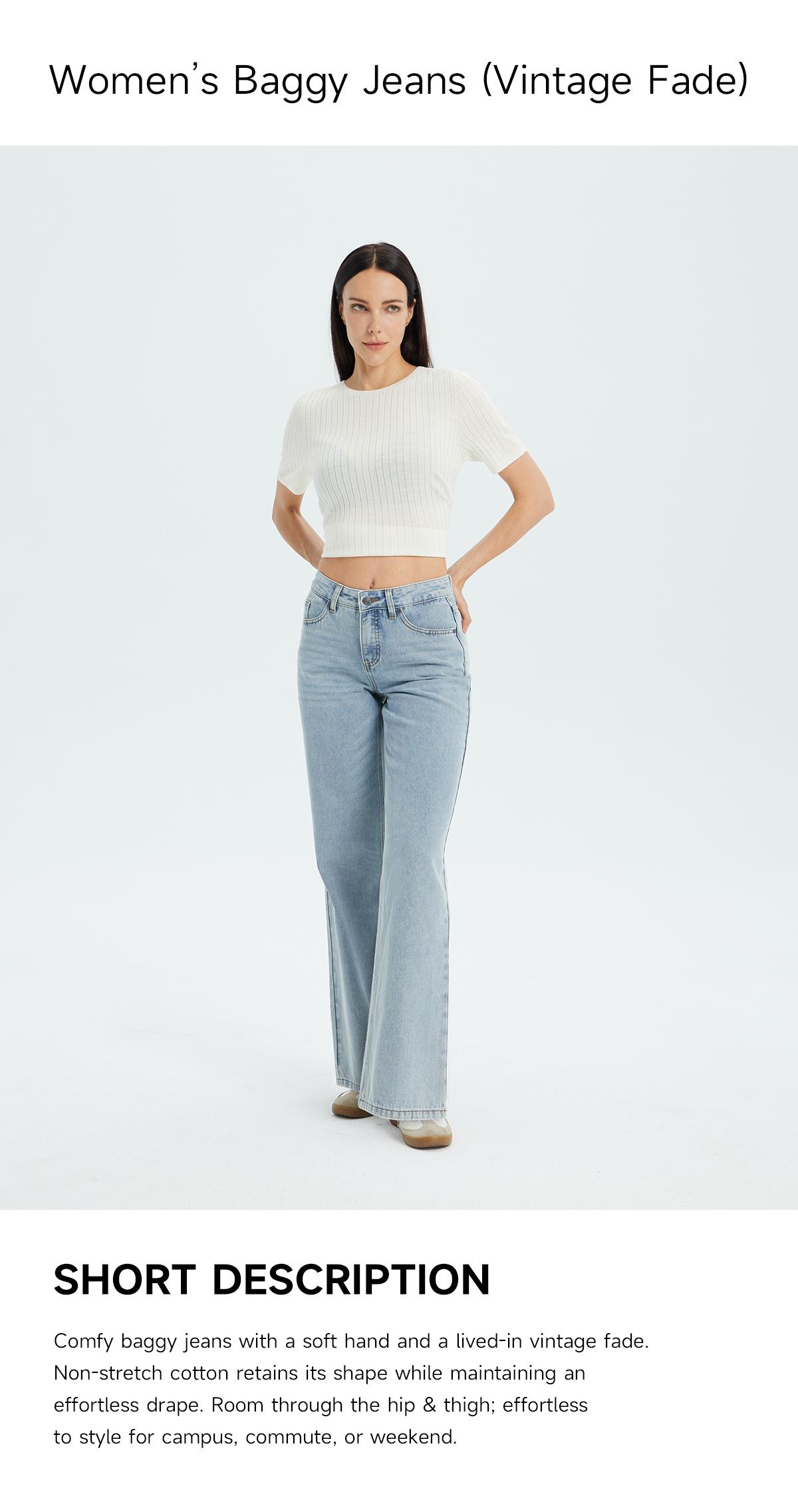 BLEU Women's Mid Rise Baggy Jeans Vintage Washed Wide Leg Denim Pants Comfortable Fit Street Wear Style