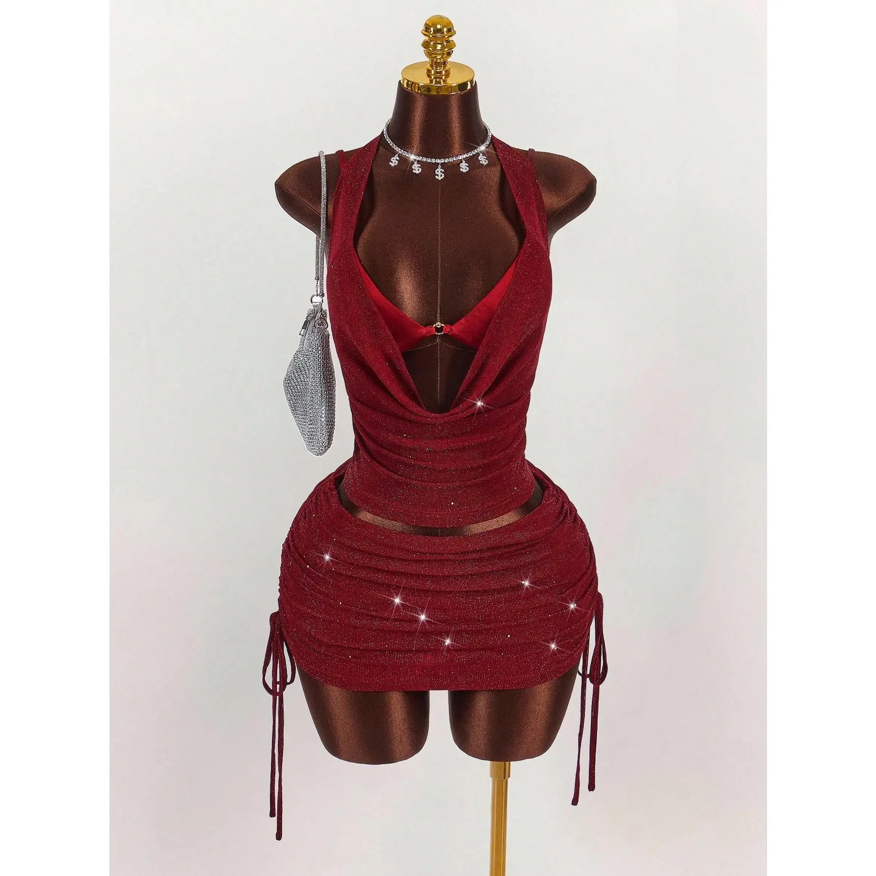 DealsForYouDays 3 Piece Party Outfits Sparkle Draped Halter Top Ruched Tie Side Mini Skirt Going Out Sets