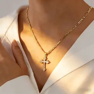 14K Gold Plated Cubic Zirconia Cross Pendant Necklace 55cm Figaro Chain Religious Jewelry for Men Women Perfect for Daily Wear Christian Gifts