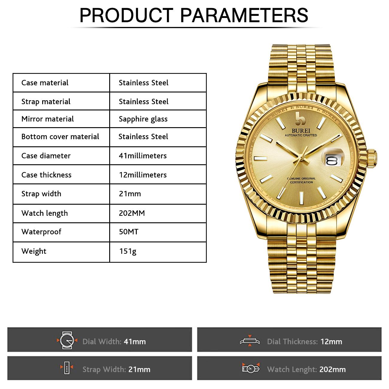 BUREI Men's Classic Luxury Watch Stainless Steel Waterproof Machine Watch Fashion Double Watch Date Sapphire Crystal