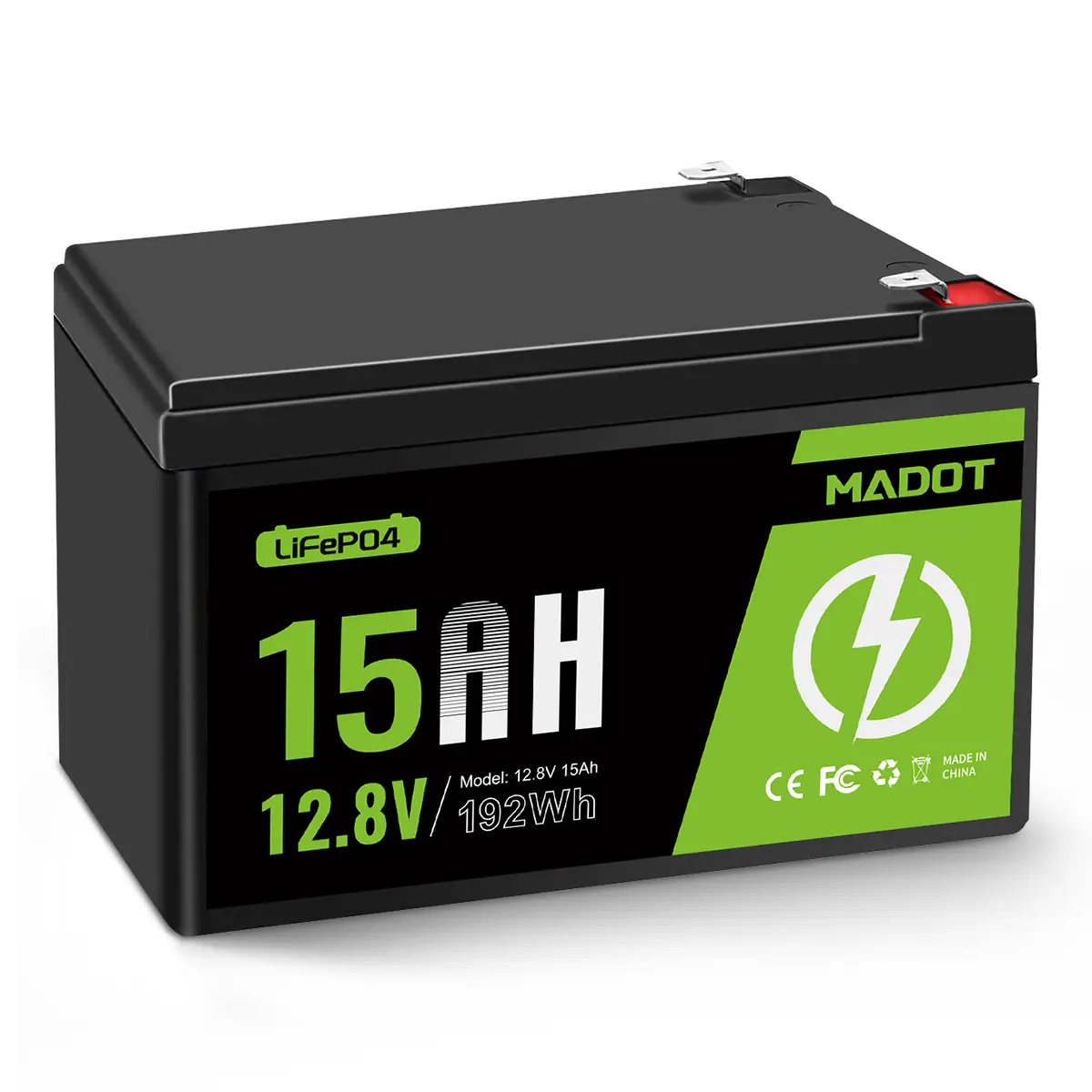 MADOT 12V 15Ah LiFePO4 Lithium Batteries, 192Wh, Built-in BMS, Deep Cycle Design, Ideal for Camping, Solar Systems, Electric Gate Use