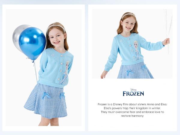 PatPat Disney Frozen Toddler Girl 2pcs Elsa Cotton Top with Tweed Bowknot Skirt Set Deep Blue Pearl Button Knit Top & Tweed Skirt Set for Children