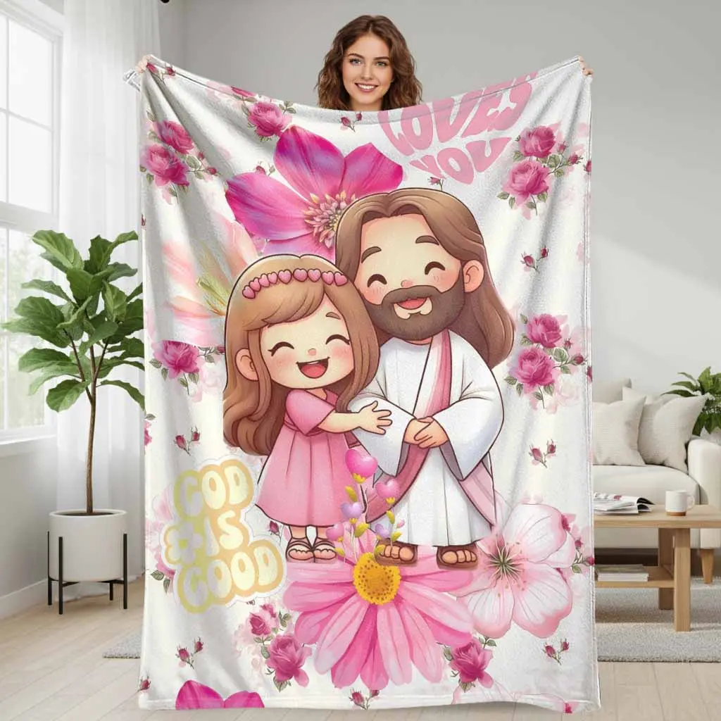 Faith & Love Cartoon Flannel Blanket - Anti-Pilling Flannel Fabric, Floral Pink Heart Print, Cute Hugs Girl Design, Ultra Soft Lightweight Cozy Throw, Perfect for Room Decor, Church Gifts, Prayer Moments