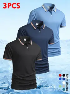 3-Pack Men’s Plus Size Loose Colorblock Polo Shirt with Patchwork Design, Turn-Down Collar, Slimming Fit for Slightly Overweight Men, Business Casual