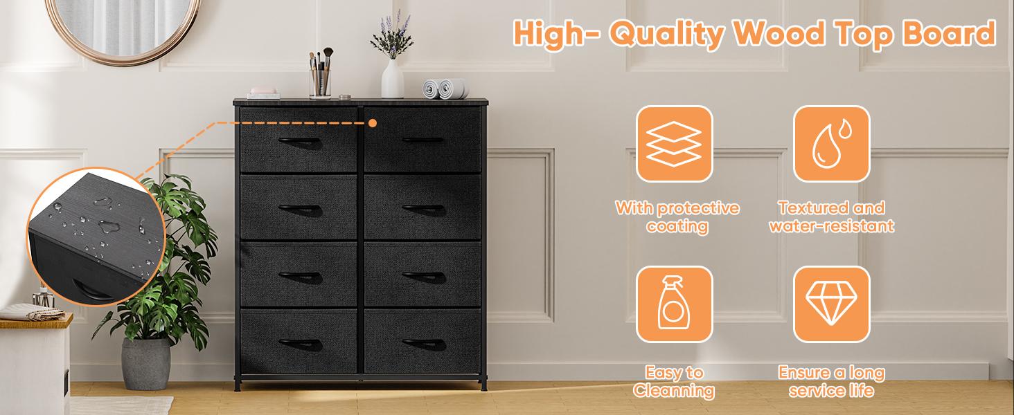 Dresser for Bedroom with 8 Fabric Drawers, Tall Chest Organizer Units for Clothing, Closet, Kidsroom, Storage Tower with Cabinet, Metal Frame, Wooden Top, Lightweight Nursery Furniture