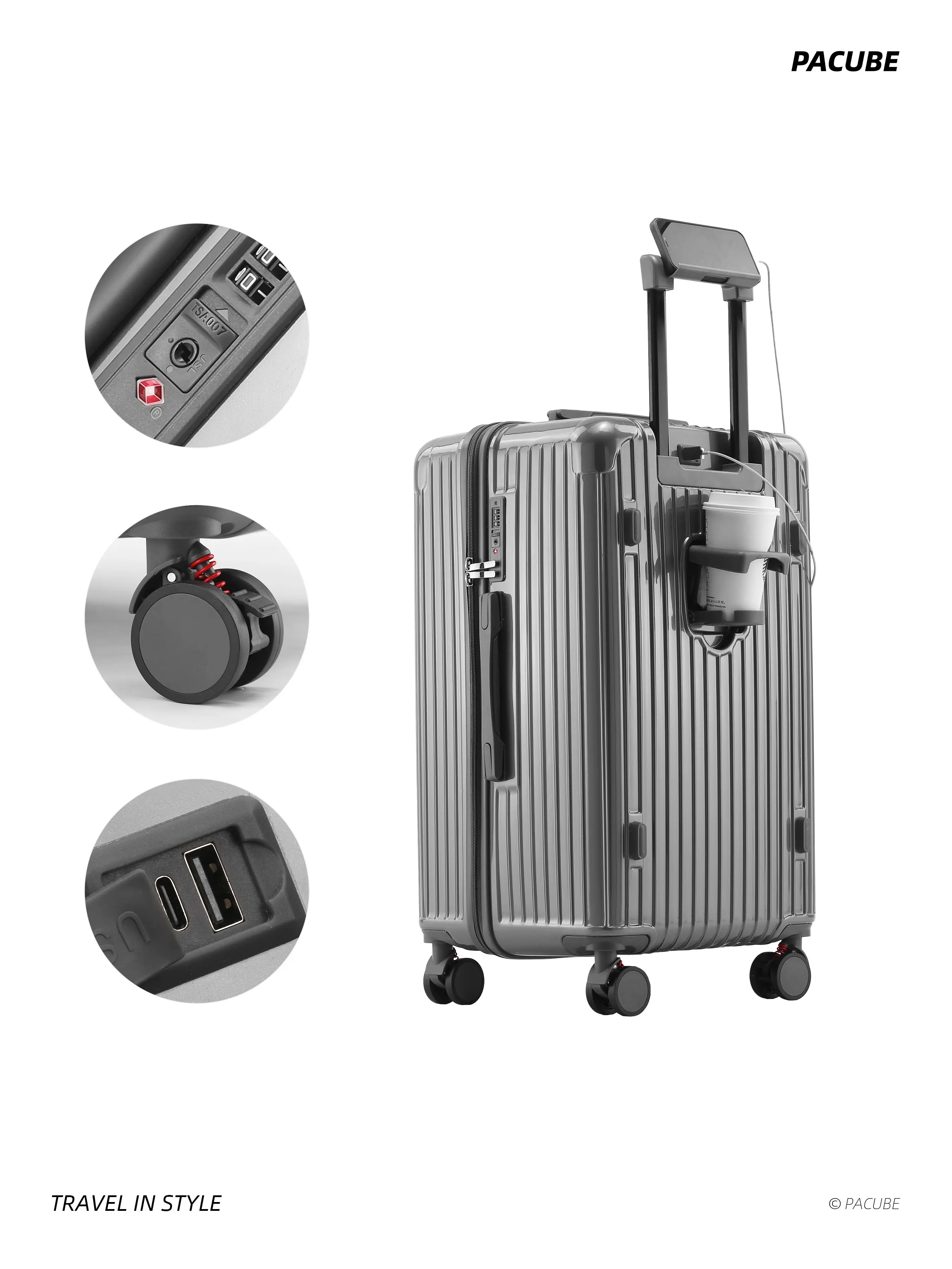 20" Lightweight Carry-On Luggage, Glossy Abs+PC Shell, Vertical-Ridge, Cup Holder, Phone Stand, USB, Ideal for Commuting & Weekend Trips, Lightweight Travel Luggage, Luggage Bag