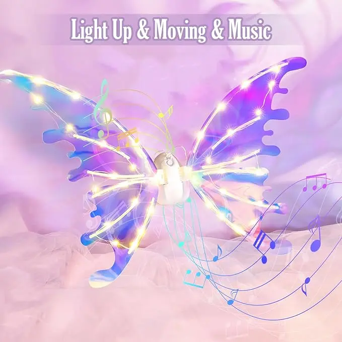 LED Electric Animated Butterfly Wings for Girls & Adults (13-14 Years), Safe PVC with Colorshift Film, Fairy Light Festive Decorations, Indoor/Outdoor, Durable Moving Wings with Lights&Music, Dress-Compatible, Party Toy & Birthday Gift