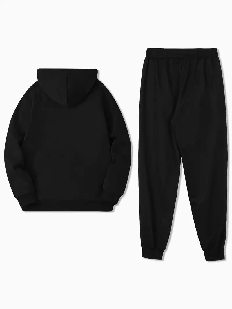 Men's Complete Outfit - Stylish Hooded Sweatshirt & Joggers Set with BLACK Print Gray Casual Streetwear Long Pants Matching Hoodie Perfect for Fall Winter Cozy Clothing Sporty Look Non Stretch Fabric