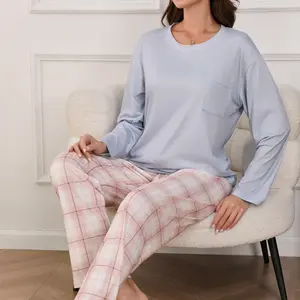 Women’s two-piece spring/autumn casual long-sleeve top and pants pajama set with plaid print; comfortable crewneck loungewear — women’s sleepwear set