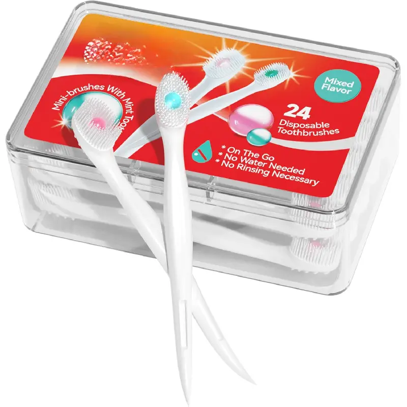 ZY Disposable Oral Toothbrushes for Adults, Gentle Soft Bristles with Interdental Pick, Mint & Mixed Flavor (Pack of 1, 24-Count Single Item) - Work, Travel & Home Bathroom Supplies