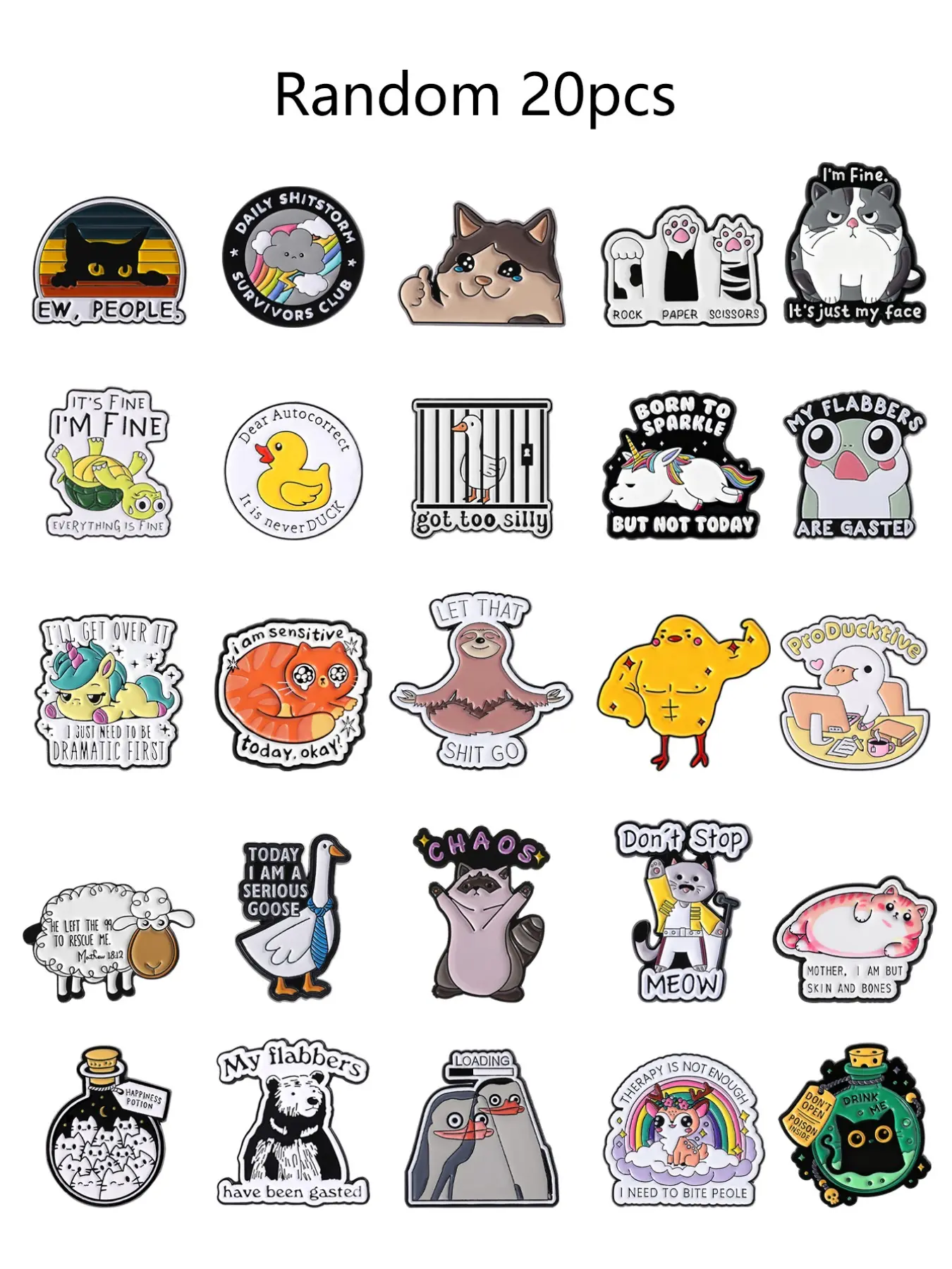 Random 20 Cartoon Animal Badges, Cute Network Meme Style, Self-Deprecating Humor Design, Suitable for Z Gen Youngsters' Backpack Decor, Accessories