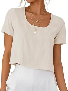 IDEALSANXUN Womens Short Sleeve Linen Shirts Casual Spring Summer Scoop Neck Cute Crop Blouse Tops Flowy Ruched Floral Tank