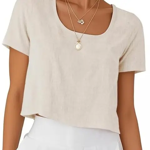 IDEALSANXUN Women's Soft Regular Cut Linen Blend Crop Top - Casual Linen Street Style, Short Sleeve, Scoop Neck, Lightweight Solid Cute Shirts for Summer Beach (Crop Tops for Women)