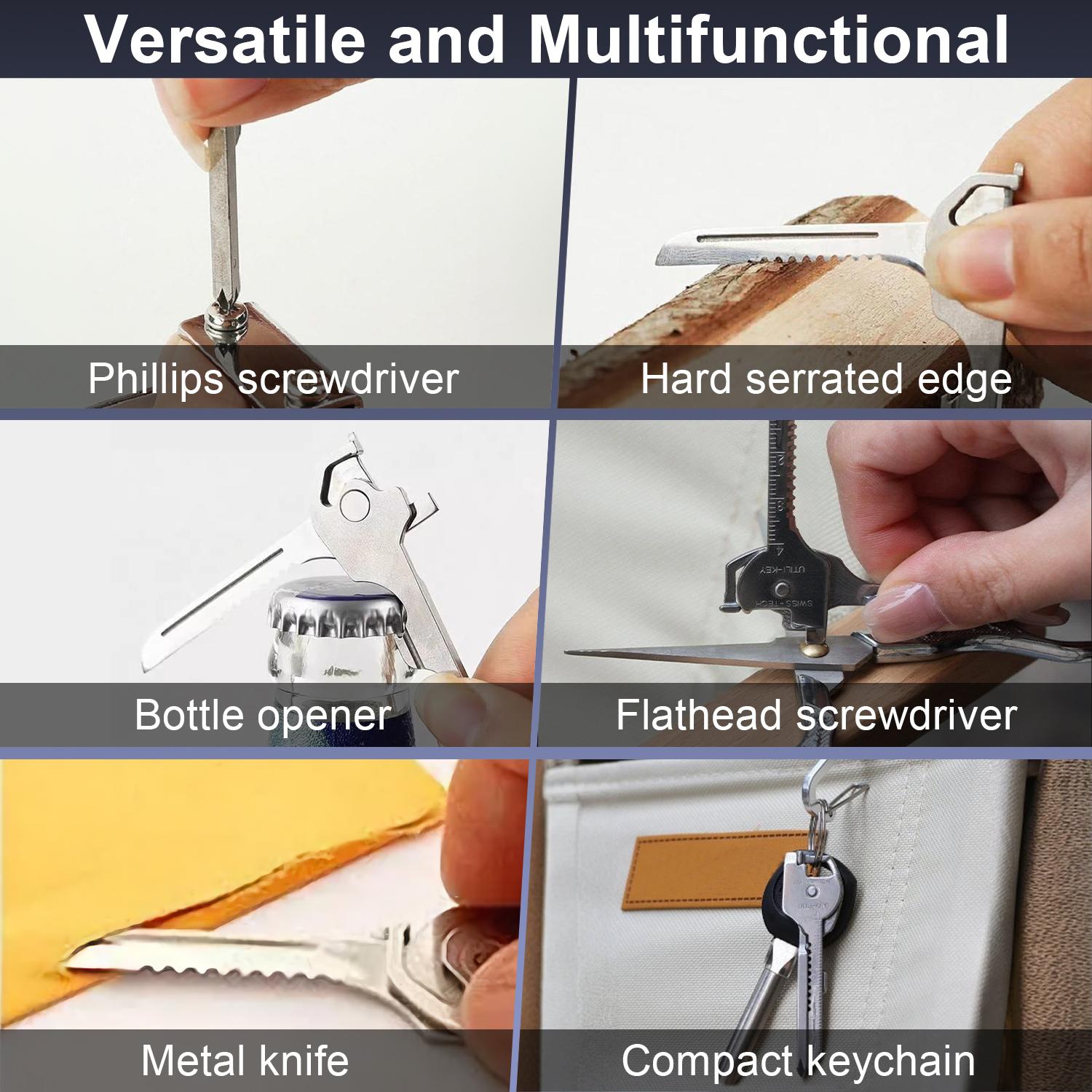 6-in-1 Multi Tool Keychain, Stainless Steel Pocket Key Tool with Flathead/Phillips Screwdriver, Bottle Opener, Mini Ruler, Rope Cutter & Metal Knife, Compact EDC Gear for Camping, Survival, DIY, Daily Use - Cool Gift for Men Dad Husband