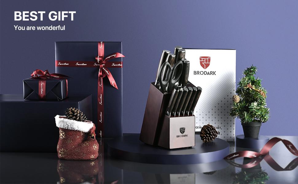 BRODARK 15PCS Full Tang Knife Set with Block wooden controller Food Grade German High Carbon Stainless Steel Professional Chef Knife Set with Sharpener Steak meat boning kitchen knives gifts for men Outdoorfun Utensils Kitchenware