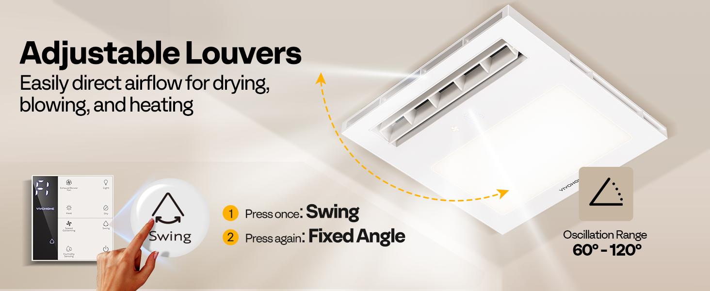 VIVOHOME Bathroom Exhaust Fan with PTC Heater, Humidity Sensor & LED Light, Ceiling Mount Ventilation Fan, 160 CFM DC Motor, 3 Color Temperatures, Remote Control, Oscillating Louver