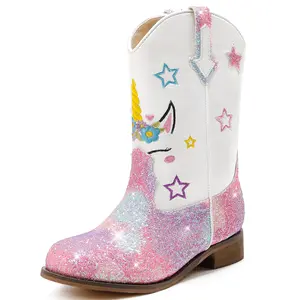 Unicorn Girls Cowgirl Boots Mid Calf Square Toe Glitter Toddler Western Cowboy Boot Little Kid Big Kid Riding Shoes Princess Dress Up Party Birthday Dance