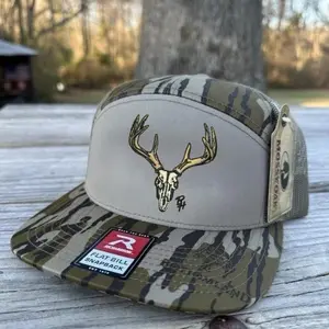 Deer Skull Hunting Trucker Hat, 7 Panel Camo Bottomland Brackish GreyBlack Flatbill, Casual Style for Outdoor Adventures