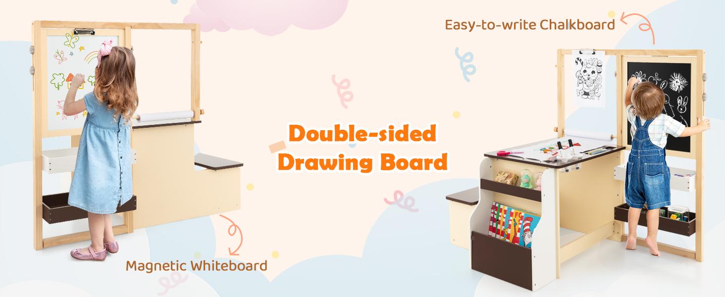 Costzon Easel for Kids, Wooden Art Center with Double-Sided Blackboard & Whiteboard, Paper Roll for Drawing, Crafts, Writing, Toddler Activity Table with Storage, Kids Table and Chair Set