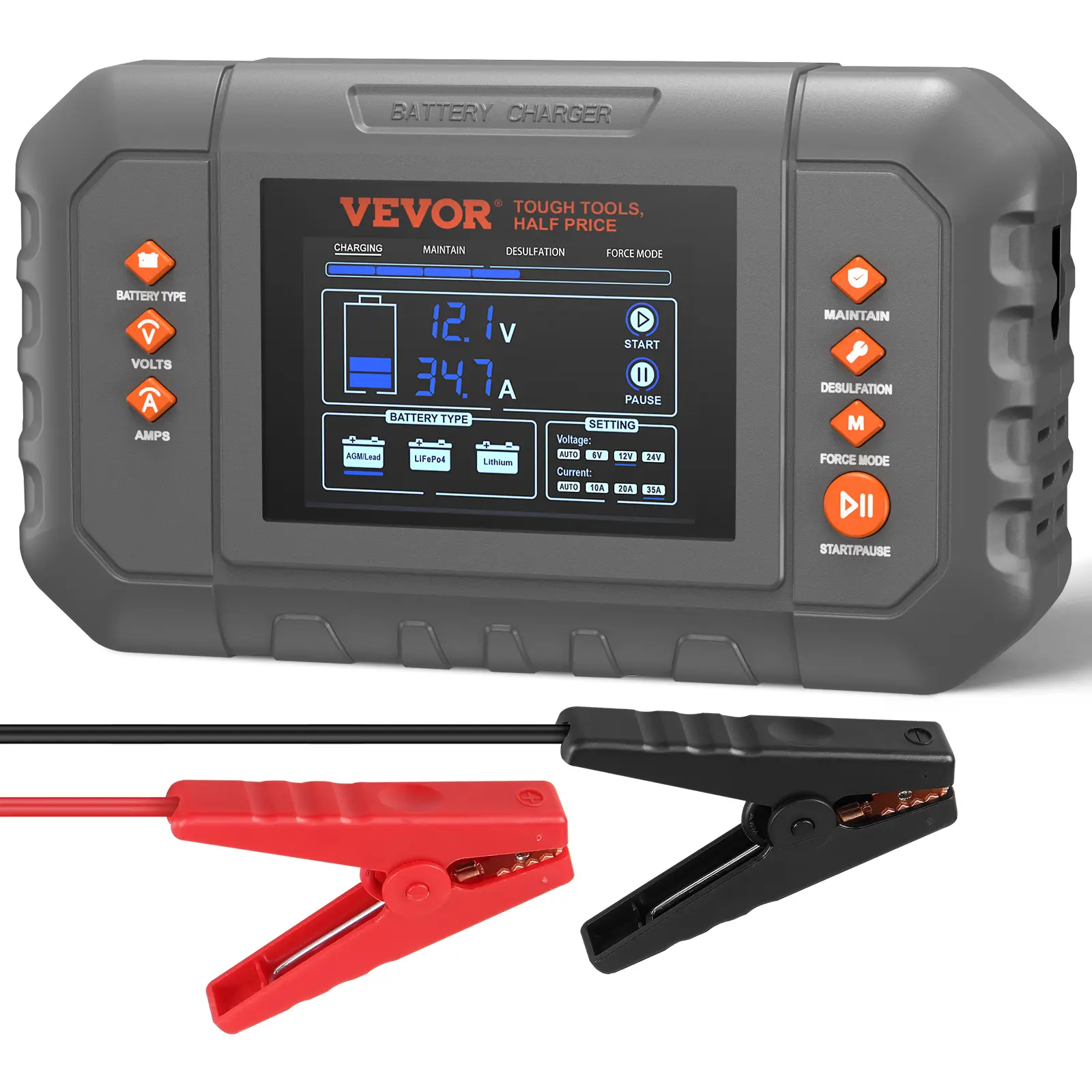 【Summerfinds】VEVOR Smart Battery Charger 35-AmpLithium LiFePO4 Lead-Acid (AGM / Gel / SLA) Car Battery Charger with LCD DisplayTrickle Charger Maintainer Desulfator for Boat Motorcycle Lawn Mower Deep Cycle,father'sdaygifts,car accessories