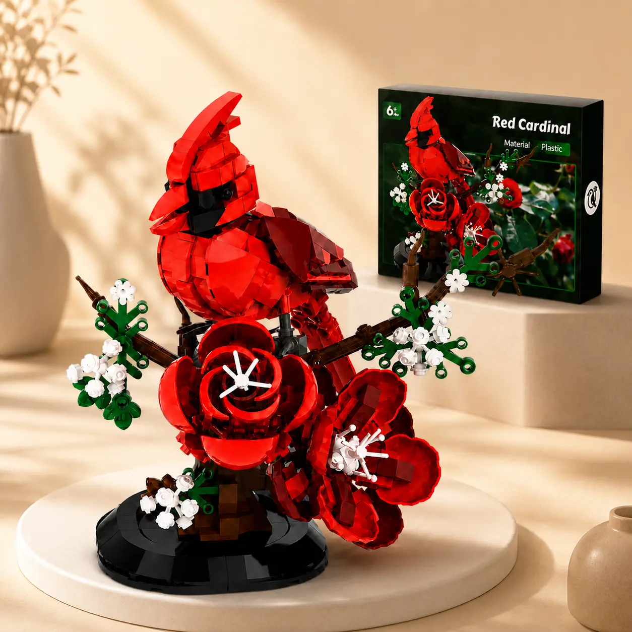 Northern Cardinal Bird Building Blocks Set, Red Bird Flower Branch DIY Brick Model, Nature-Inspired Decor Puzzle Toy Gift