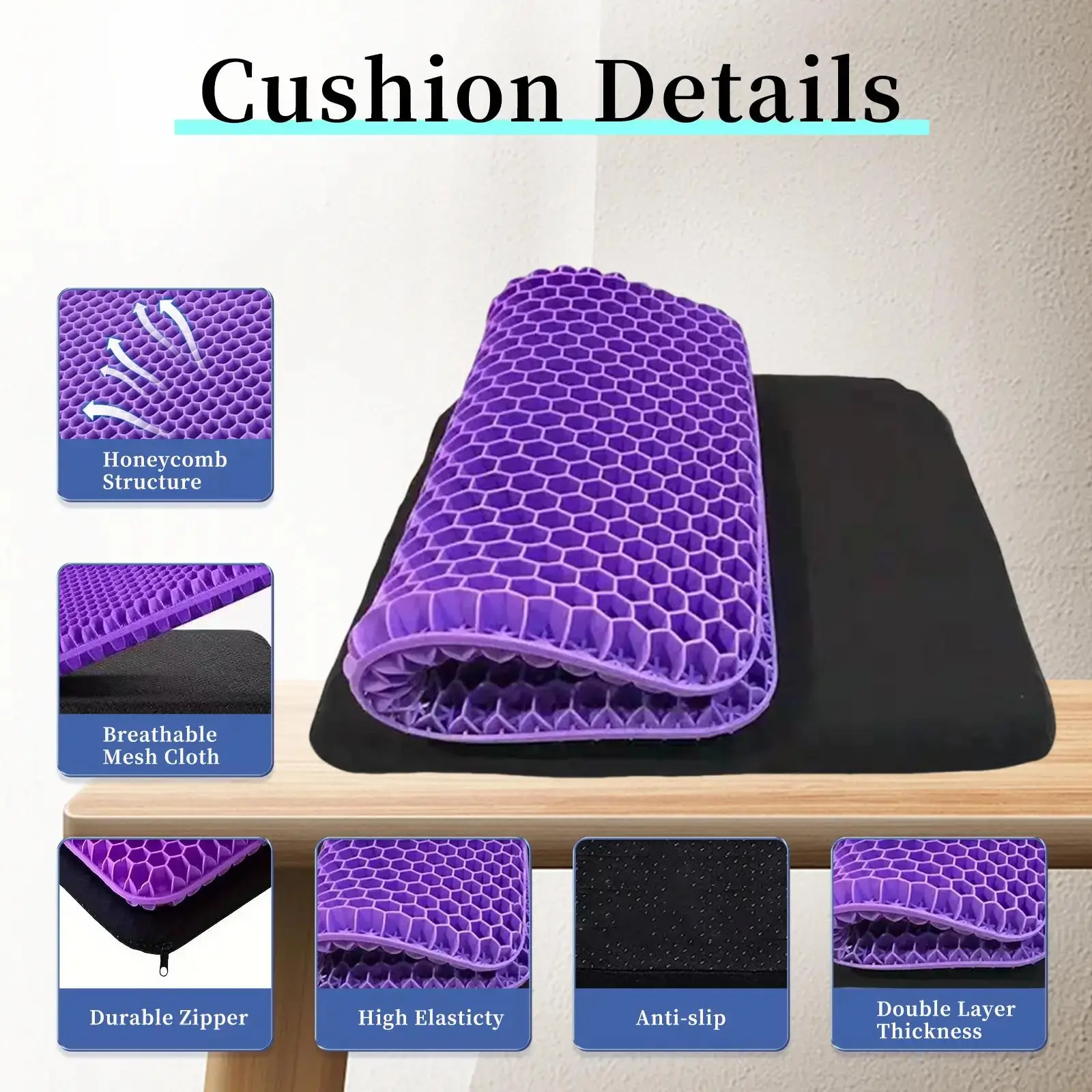Double-Thick Fabric-Covered Flat Rectangle Honeycomb Pad - 1 Gel Cushion, Double-Layer Egg Structure, Breathable, Non-Slip Cover, Pressure Relief Car Interior Accessory for Office, Cars, 15.75x13.39x1in
