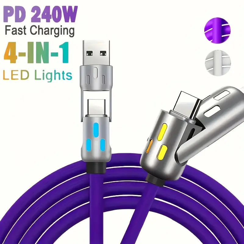4-in-1 Multi-Device Fast Charging Cable Adapter Charger - 240W 6mm Braided, RGB LED Light, PD & QC Compatible, Lightning/C-Type Ports, 5ft for Mobile Phones, Laptops, Tablets, Fast Chargers, Cable Adapter Chargers tiktokshopbacktoschool