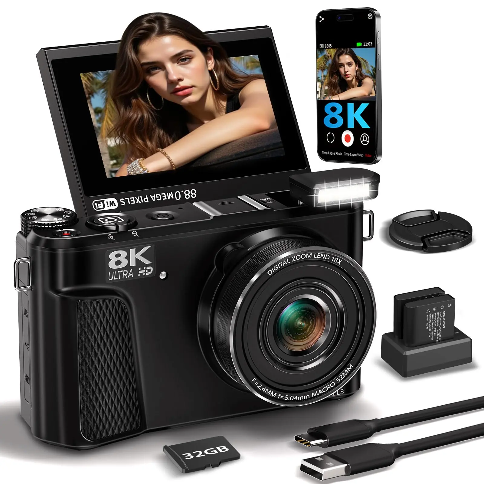 Digital Camera for Photography, 88MP Vlogging Camera for YouTube with 3" 180° Flip Screen, 18X Digital Zoom Point and Shoot Cam with 32GB Micro SD Card for Beginner, 4K, Lcd,summerwins
