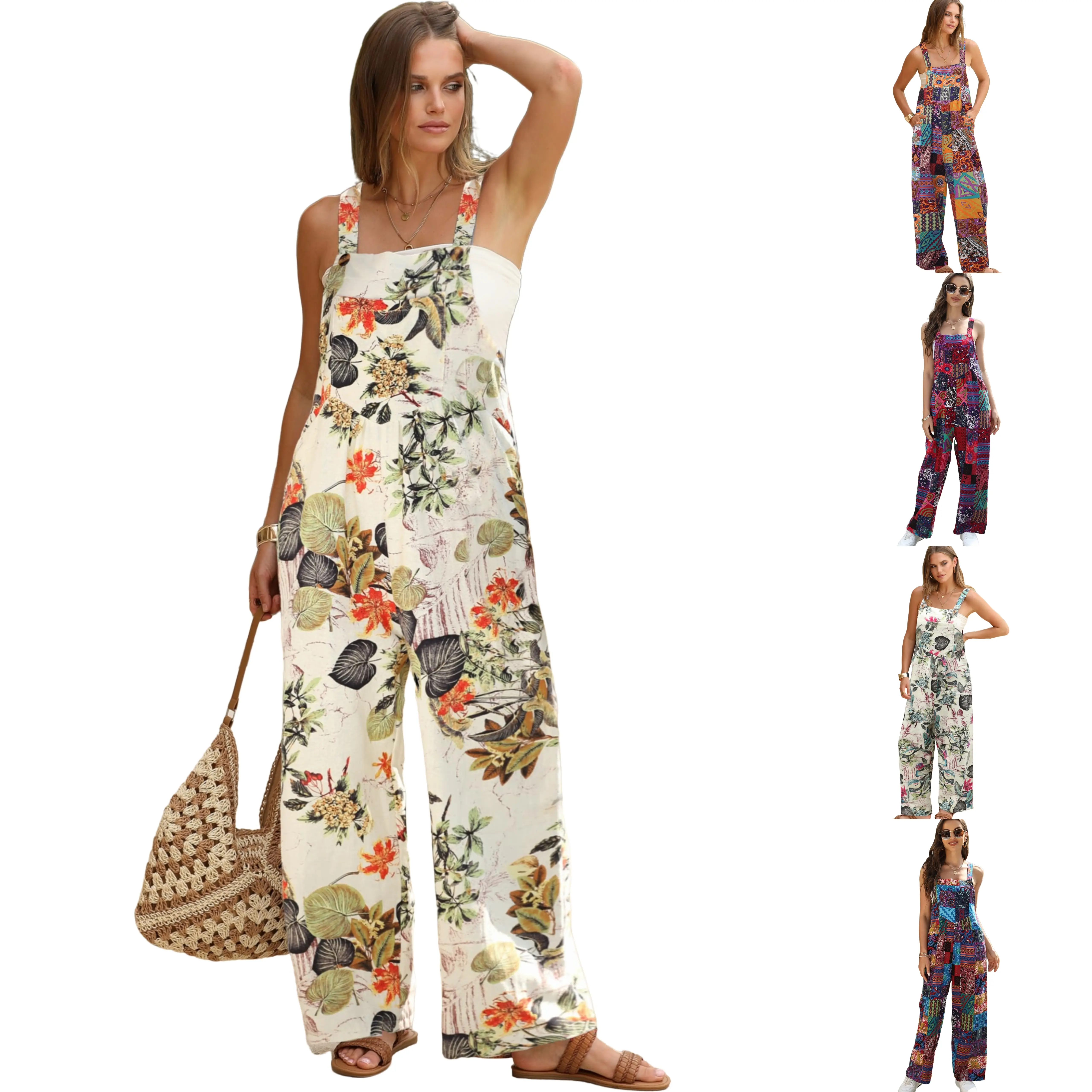 UANEO Women's Linen Like Patchwork Dual Pocket Jumpsuit Loose Floral Print Bohemian Wide Leg Bib Overall Casual Womenswear Printed SummerVibes