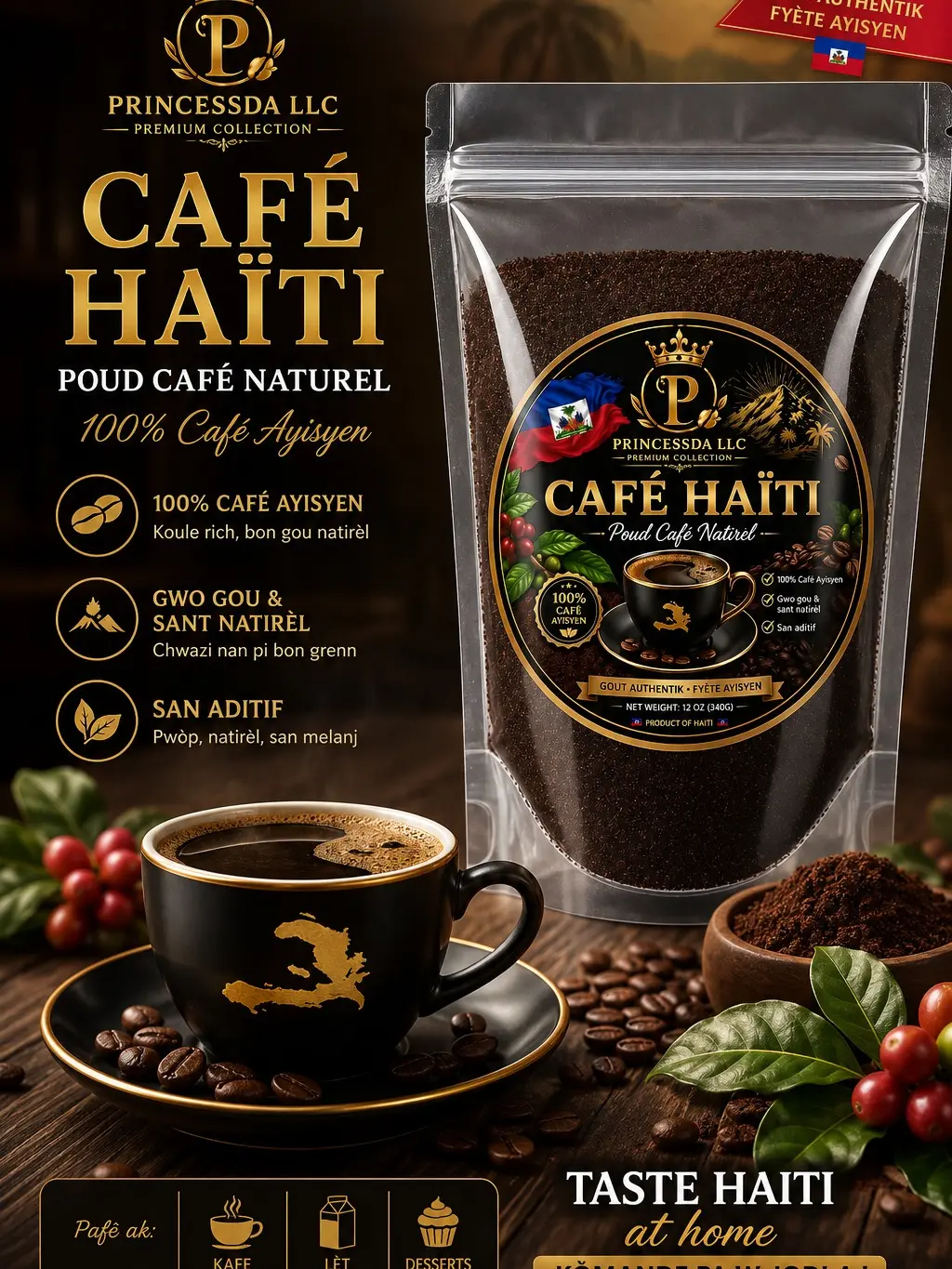 1 Kafe Ayisyen Ground Coffee, Rich Hydration Powder (Milled Prime Formula)