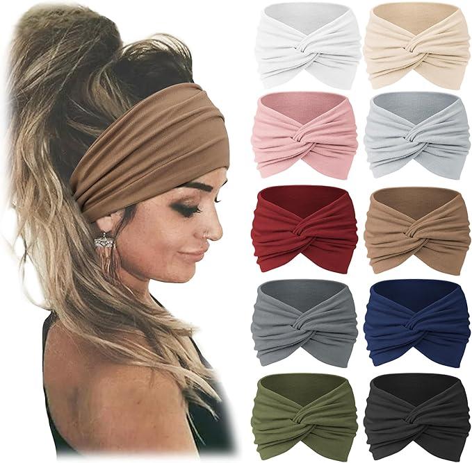 10PCSWide African Stretch Headbands in Assorted Colors for Women's Fashion Accessories 95% Polyester 5% Spandex Soft Breathable Turban Headbands for Home Work Sports 8.66inchX4.33inch