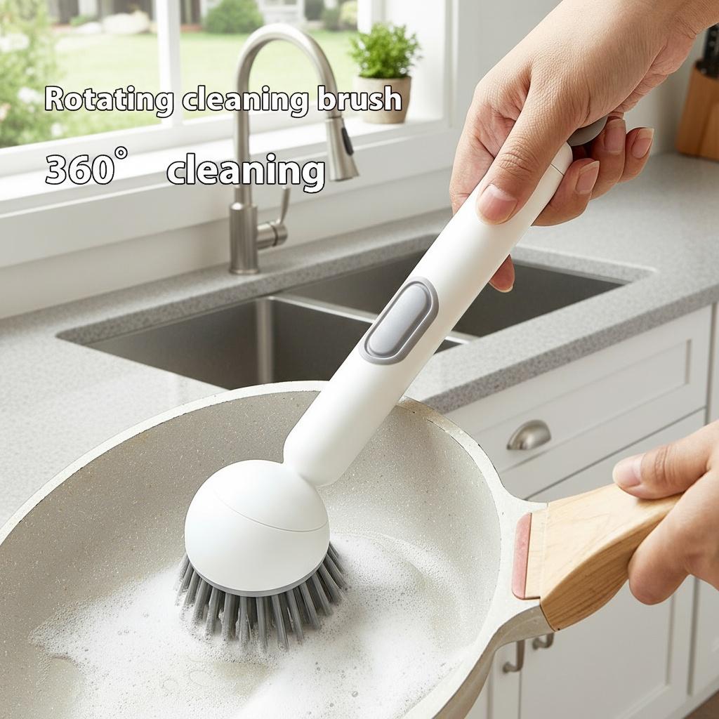 6-in-1 ABS Dish Brush with Leak-proof Soap Dispenser, Adjustable Angle, Rotatable Scrub Function, Wall Mount - Includes Scouring Pad, Soft Bristles Lift Stubborn Stains, Rinse & Drain Clean for Sink, Pots