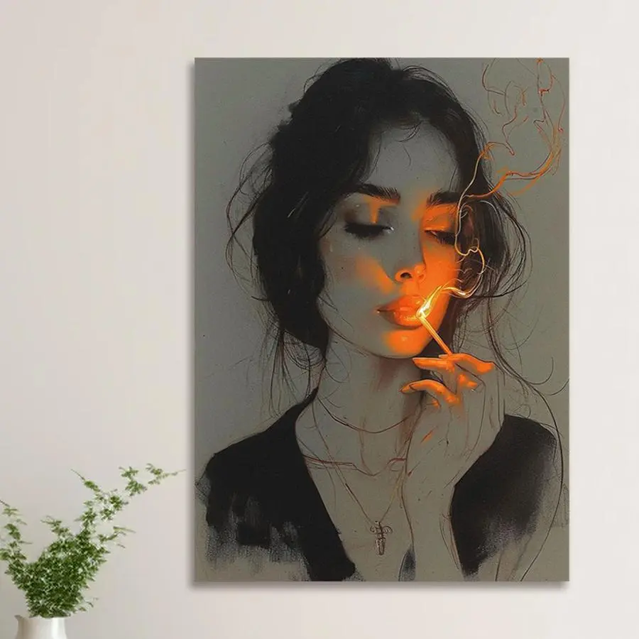 2D Flat, 1pc Mysterious Lit Match Figure Wall Art - Suspenseful Matchstick Flame Painting, Modern Minimalist Framed Matchstick Decor Suitable for Living Room, Bedroom, Kitchen - Hooked Installation (No Hardware), Easter & Mother' Day Gift	
