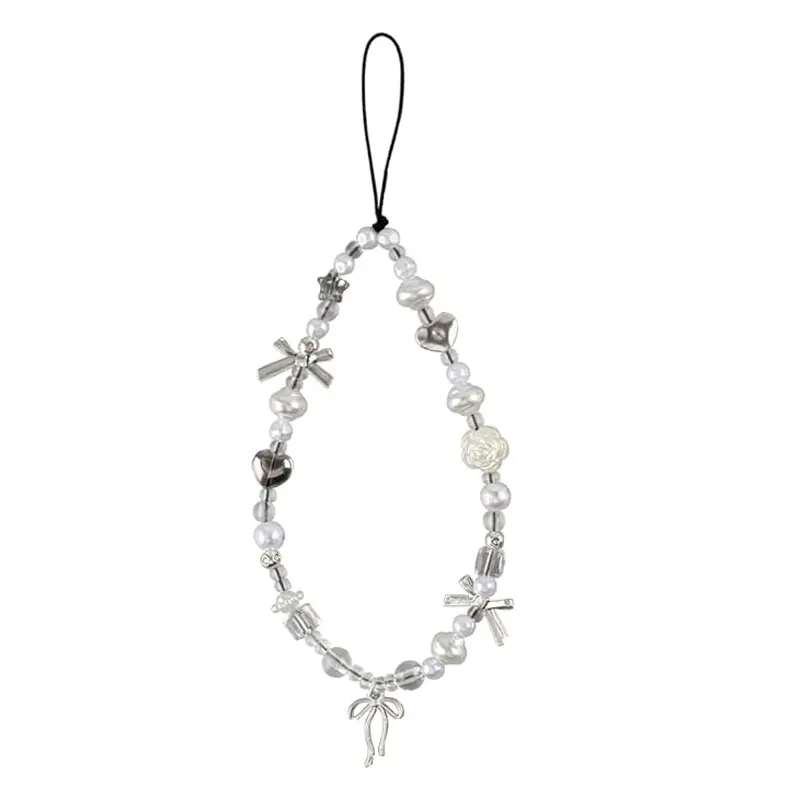 Camera Wrist Strap, Cute Phone Charms, Silver Bow White Pearl, Key Chain Charm Heart Star Bowknot Flower Beads Keychains for Women Cute Keychain Accessories Phone Chain