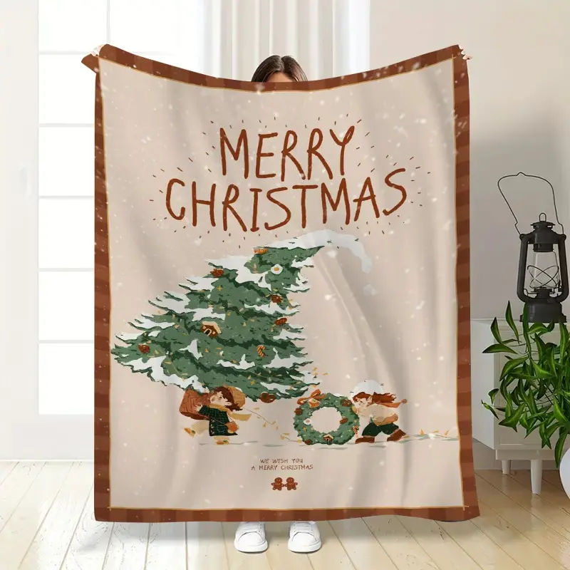 Vintage Christmas Blanket Hand-Drawn Elf Design Cozy Blanket with Whimsical Illustration Soft Blankets for Family Gift Plush Blankets for Living Room Throw for Festive Decor