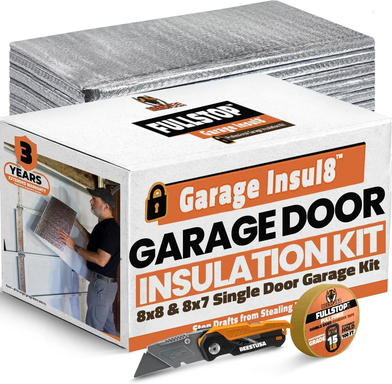 BEEST Fullstop Garage Door Insulation Kit with Pre-Cut 24x48in Closed-Cell Foam Panels, Heavy-Duty Adhesive Tape, Squeegee and Cutter — DIY Thermal and Noise Barrier for Single or Double Doors