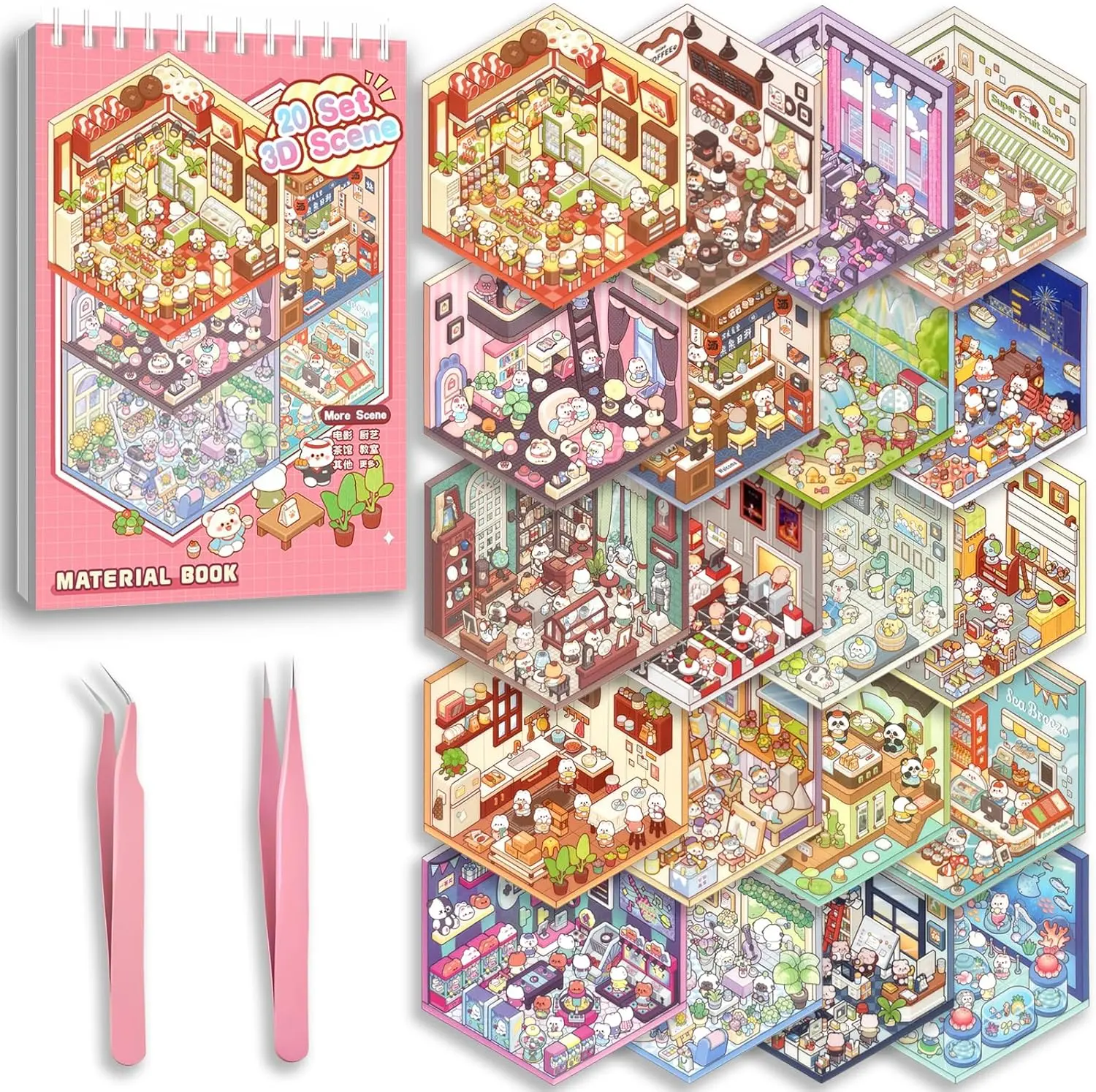 20 Sets DIY 3D Sticker Scene, Sticker Therapy Scenes Collection Book for Adults Stress Relief Pass The Time, Make Your Own House Miniature Cute Cartoon Animal Isometric Scene Funny Stickers