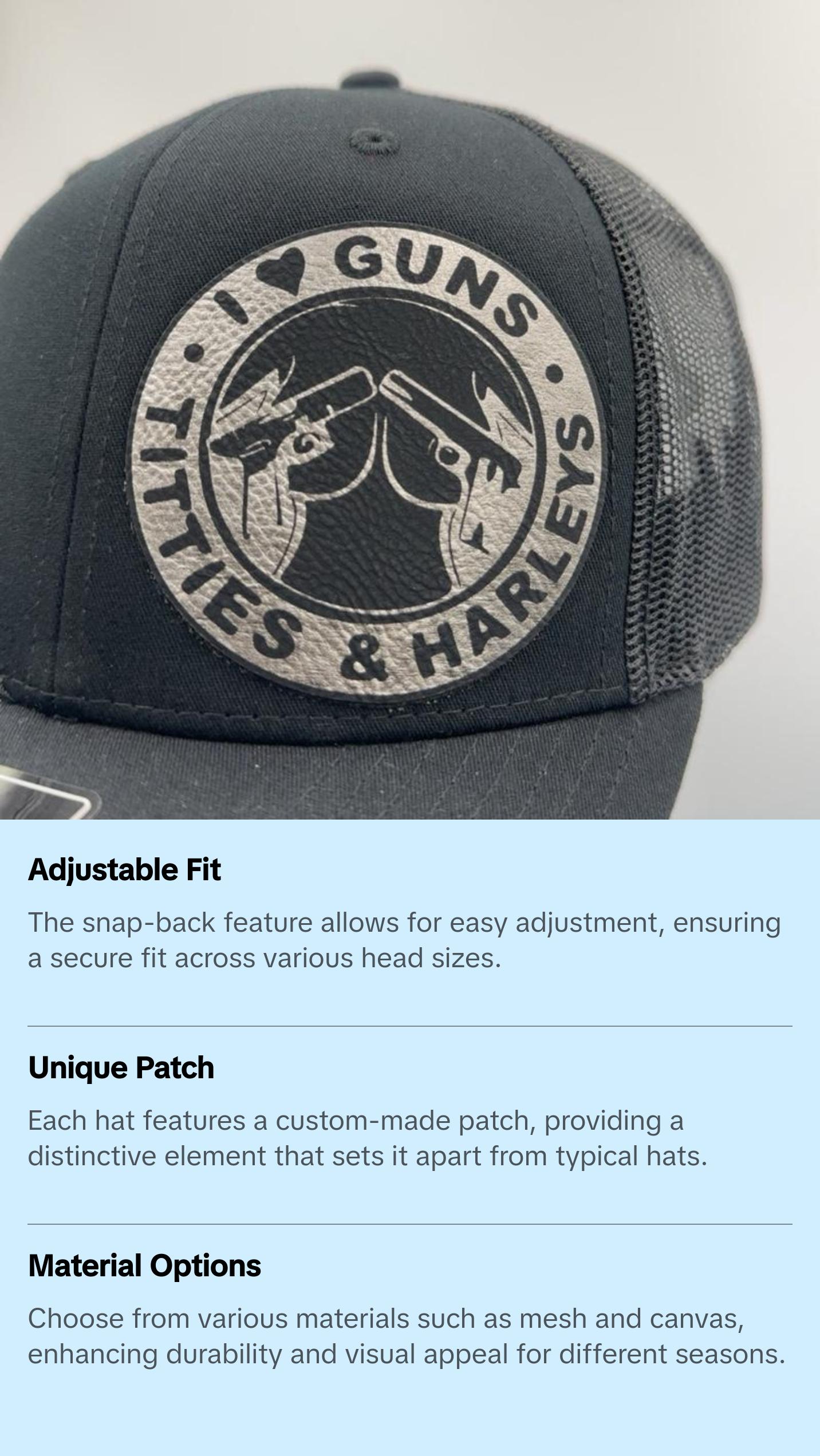 I Love Guns Titties & Harley’s  Custom Made Patch Hat - Multiple Colors Adjustable Snap-Back Style - Available in Multiple Colors & Designs - Classic 112 to Flat Bill Flex Fit Styles casual baseball cap