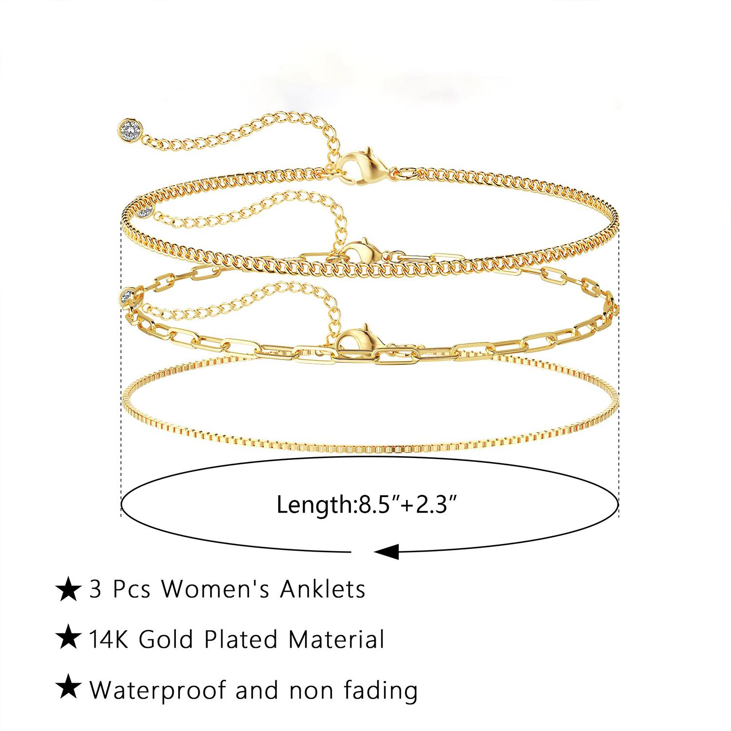 TEWIKY 14K Gold Plated Triple-Layer Anklet with Cuban Link Paperclip Box Chain Elegant Design Valentine's Day Gift Versatile Accessory TEWIKY 14K Gold Plated Triple-Layer Anklet with Cuban Link Paperclip Box Chain Elegant Design Valentine's Day Gift Versatile Accessory
